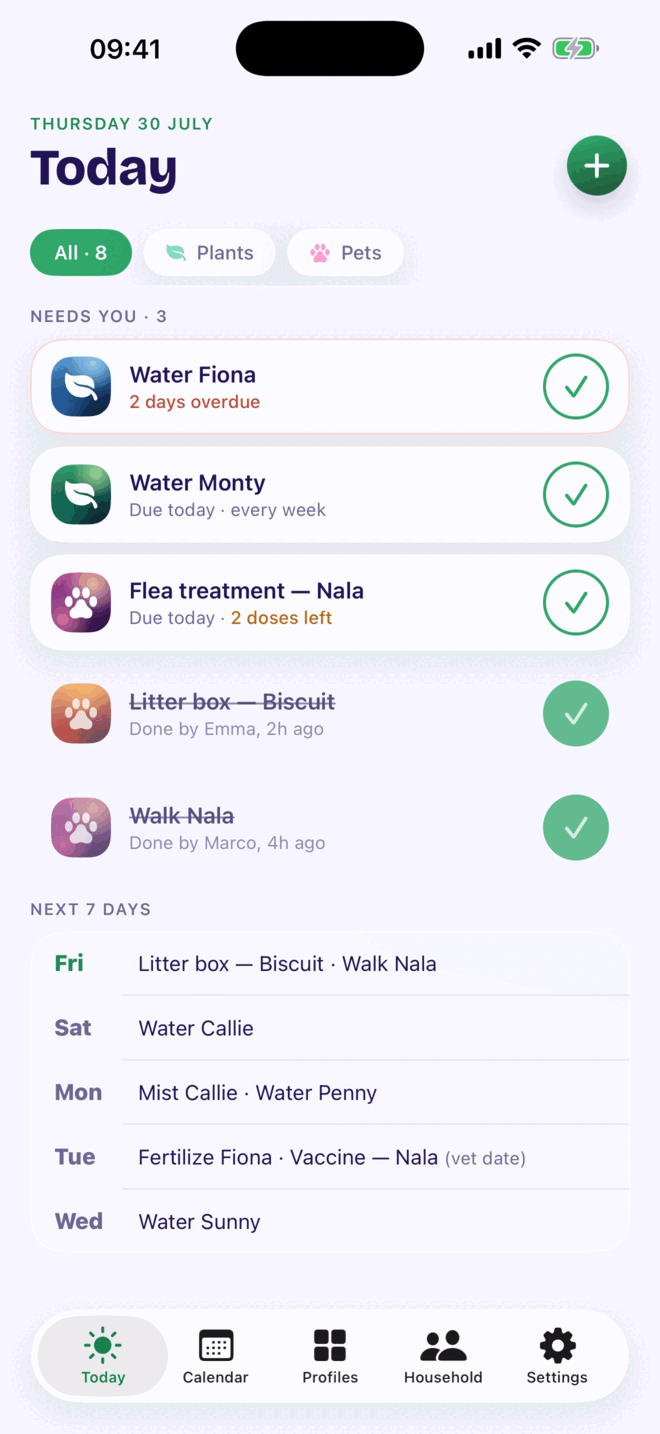 Kounts Care Today screen listing the day's care tasks: water Fiona two days overdue, water Monty due today, flea treatment for Nala, with two tasks already done by other household members