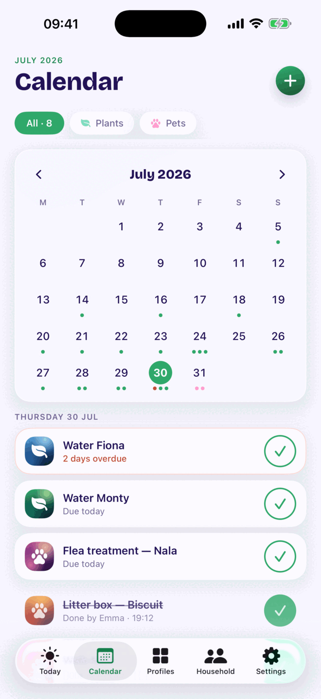 The Kounts Care month calendar with coloured dots marking care done on each day and the selected day's tasks listed below