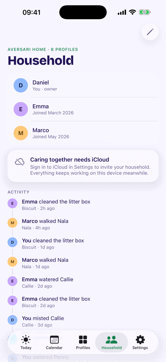 The Kounts Care household screen listing three members and a shared activity feed showing who watered, walked and cleaned, and when